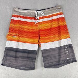 O'neills Swim Boardshorts Mens 33 Orange Gray Striped  Pockets Drawstring